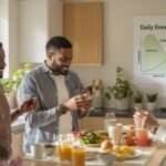 Adults using smartwatch and poster to discuss daily energy needs