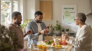 Adults using smartwatch and poster to discuss daily energy needs