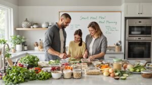 Family meal prepping together at kitchen island with planning notes