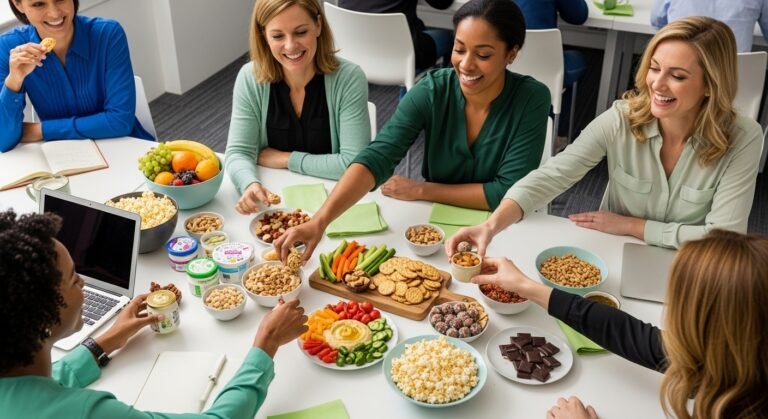 healthy work snacks, office break, coworkers sharing food