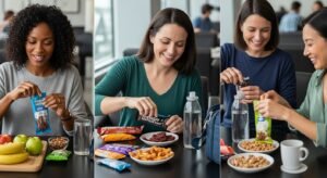 healthy travel snacks, travelers sharing snacks, airport lounge