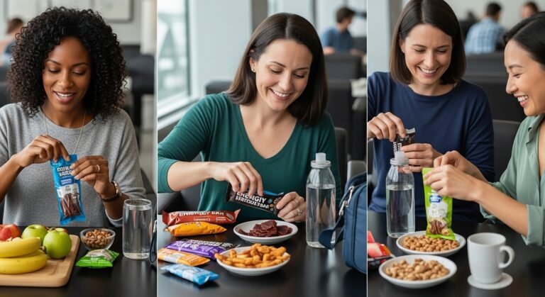 healthy travel snacks, travelers sharing snacks, airport lounge