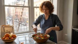 Preparing fresh whole foods in city kitchen