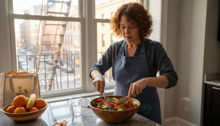Preparing fresh whole foods in city kitchen