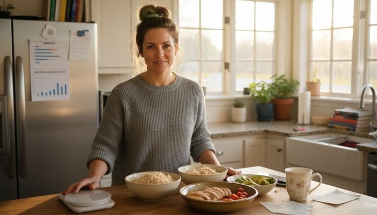 Nutritionist planning balanced meals in kitchen