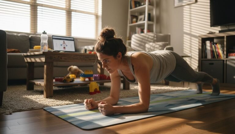 Woman doing plank in lived-in living room