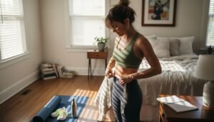 Woman measuring waist in sunlit bedroom