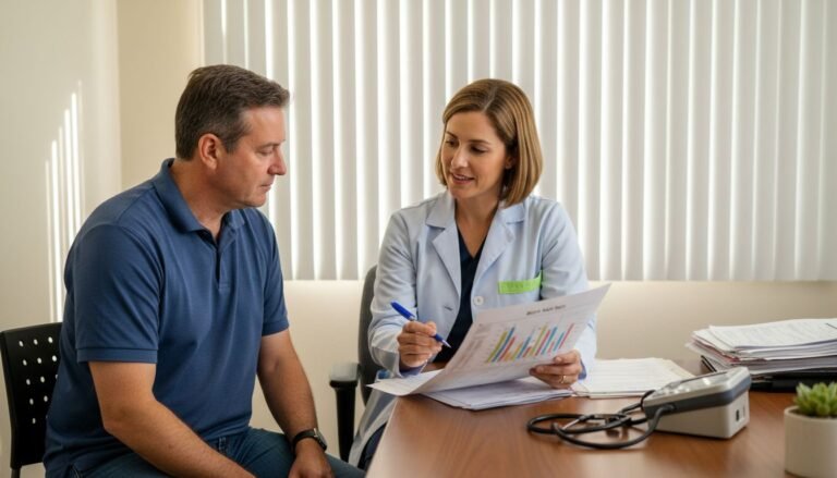 Doctor reviews BMI chart with patient in clinic