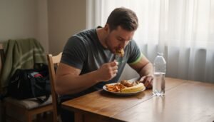 Athlete eating meal after workout at kitchen table