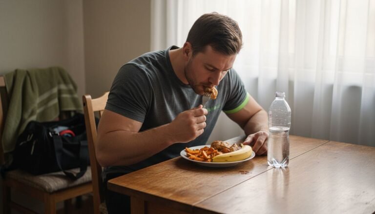 Athlete eating meal after workout at kitchen table