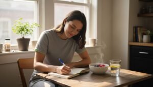 Woman writing healthy habits in journal