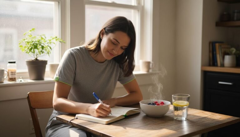 Woman writing healthy habits in journal