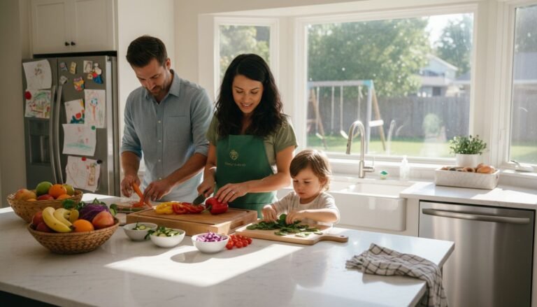Family preparing vegetables in sunny home kitchen