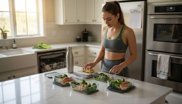 Woman meal prepping protein portions in kitchen