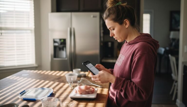 Woman tracking macros at kitchen counter