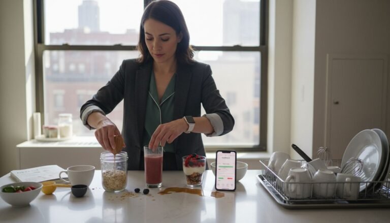 Busy person making healthy breakfast in city apartment kitchen