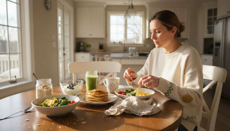 Woman arranging high protein breakfasts on kitchen table