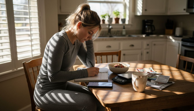 Woman tracking macros in home kitchen