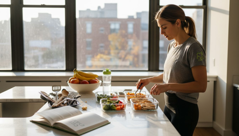 Woman prepping healthy workout meals in bright kitchen