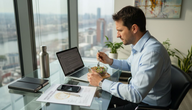 Executive eating healthy lunch at desk