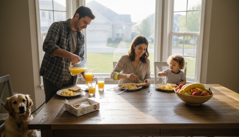 Family sitting at breakfast table morning
