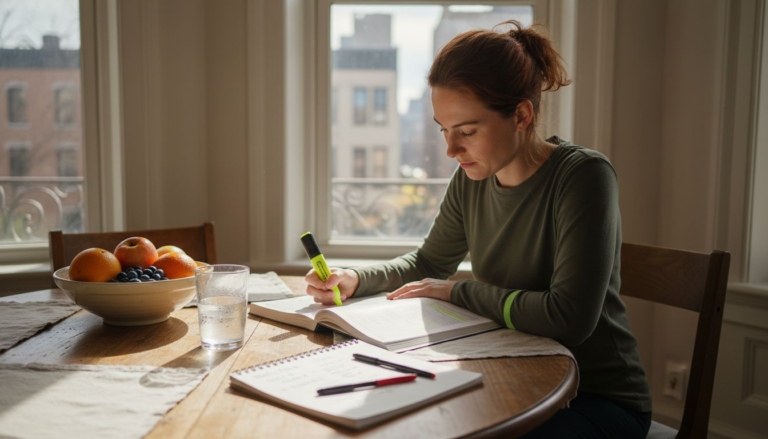 Nutritionist studying research at kitchen table