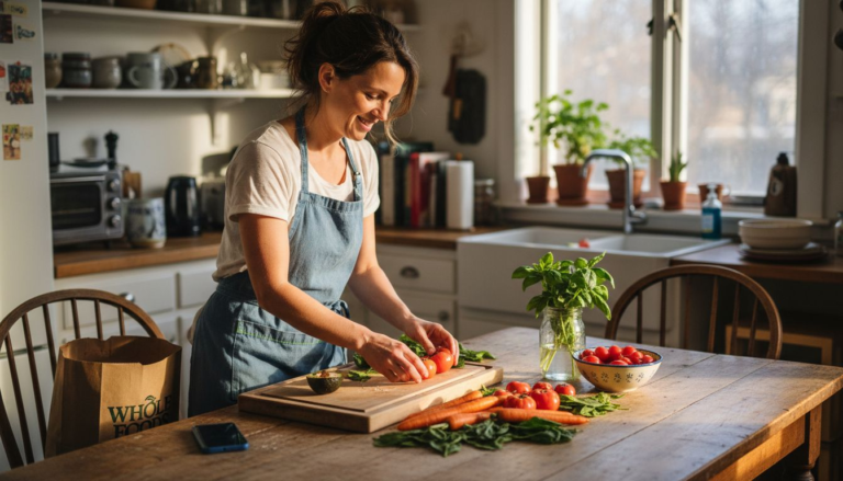 Woman preparing fresh food in sunlit kitchen