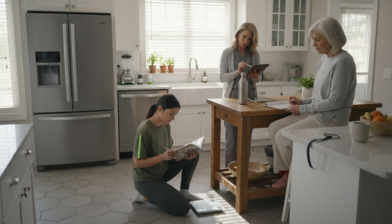Diverse adults tracking health in home kitchen