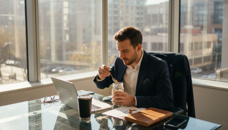 Professional eating quick breakfast at office desk
