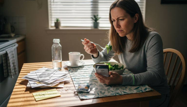 Woman confused about dieting at kitchen table
