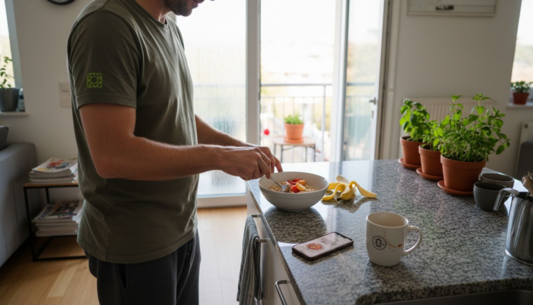 Man preparing breakfast in bright kitchen