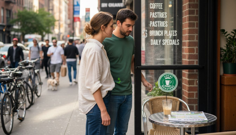 Couple searching for healthy dining options outside café