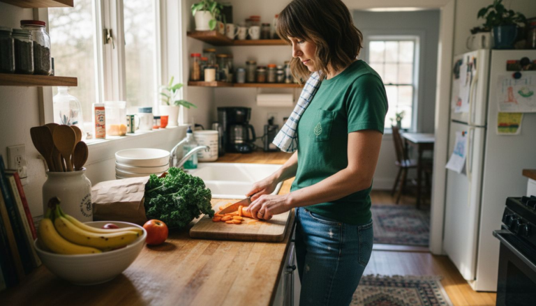 Woman prepping veggies in home kitchen