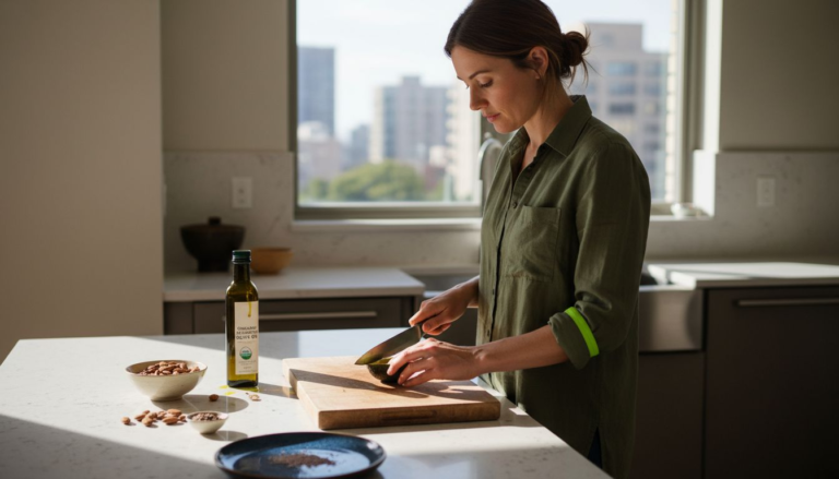 Woman preparing avocado and nuts in bright kitchen