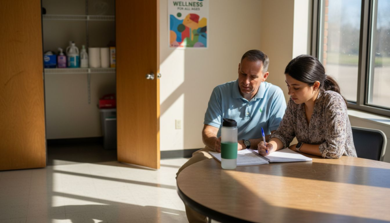 Coach meeting client in sunlit wellness room