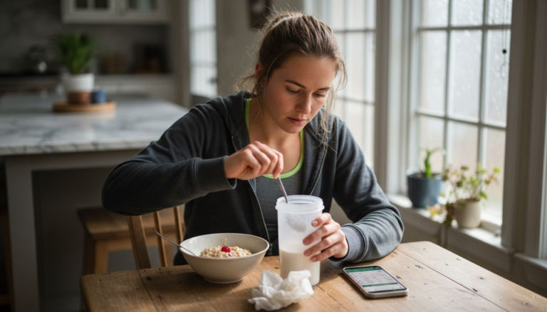 Athlete preparing protein shake after training