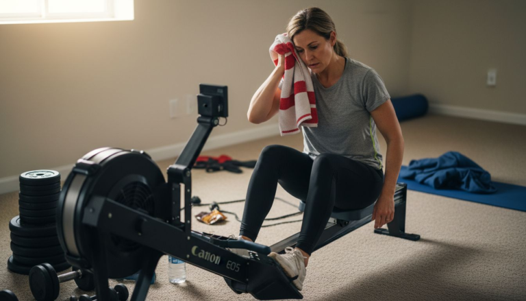 Woman sits tired in home gym, post-workout