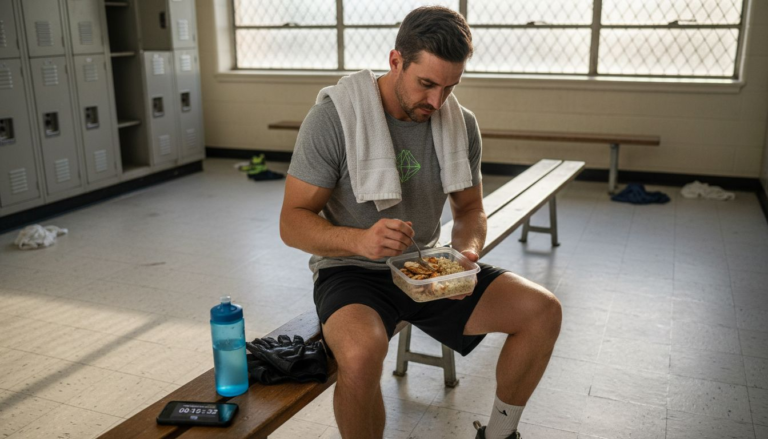 Athlete eating protein after workout in locker room