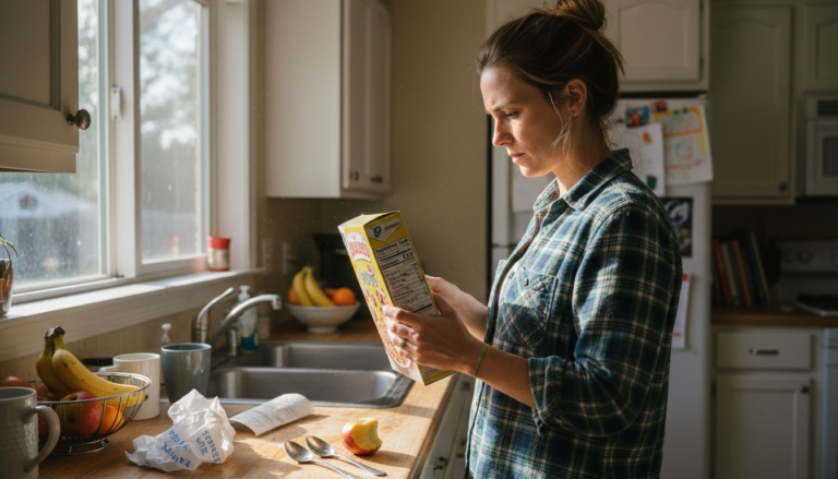 Woman checking nutrition label in kitchen