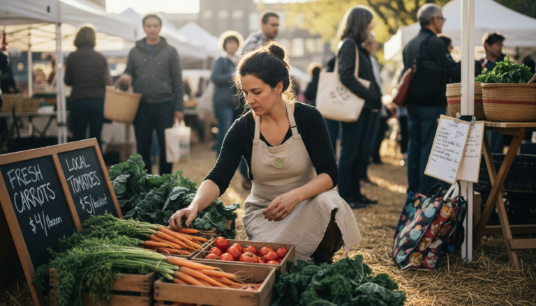 Farmers market vendor arranging fresh seasonal vegetables
