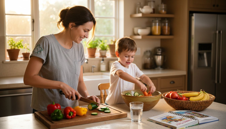 Family preparing healthy dinner in kitchen