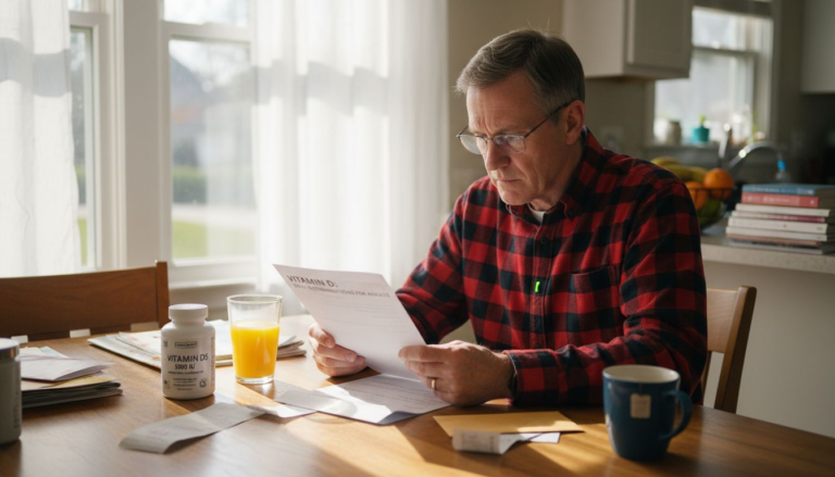 Older man reading bone health info sheet