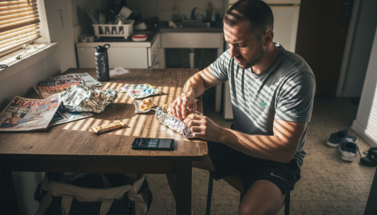 Athlete eating recovery meal in sunlit kitchen
