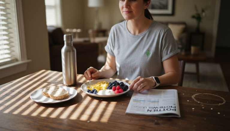 Woman plating high-protein breakfast at kitchen table