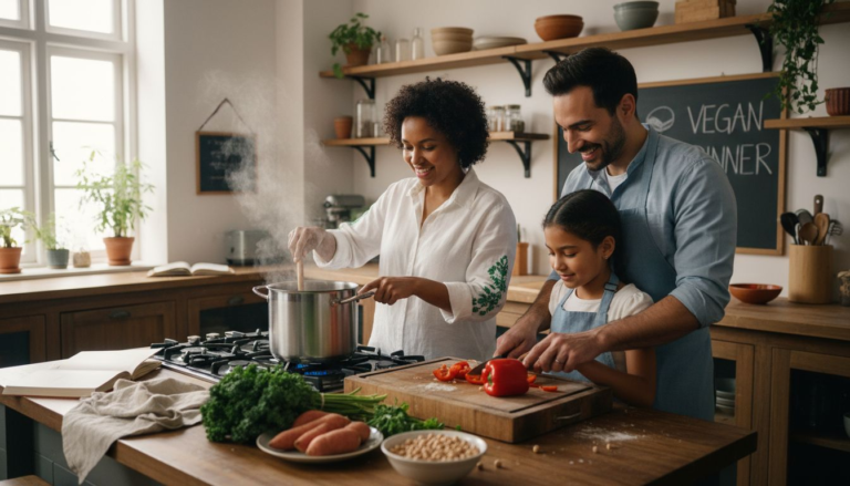 Family preparing colorful vegan meal in kitchen