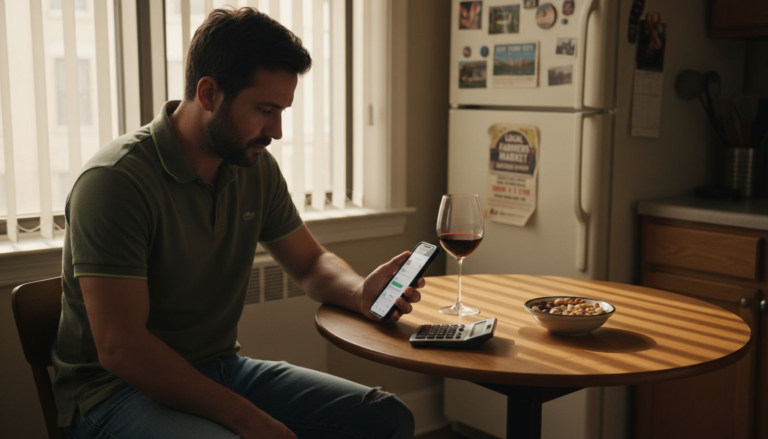Man tracking alcohol calories at kitchen table