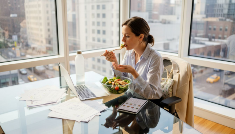 Professional eating fast lunch at office desk