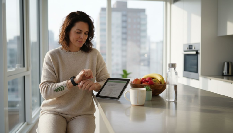 Woman using wellness tech in sunlit kitchen