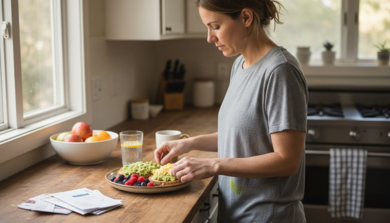 Woman preparing balanced breakfast in kitchen