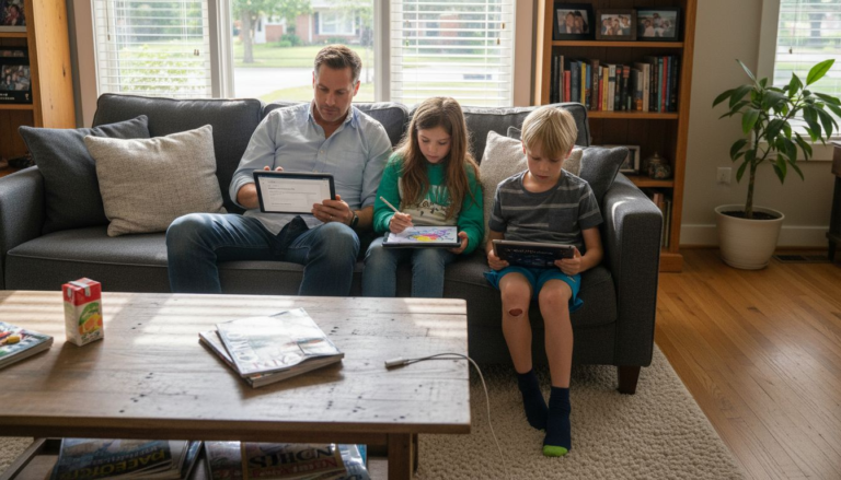 Family using devices in sunlit living room